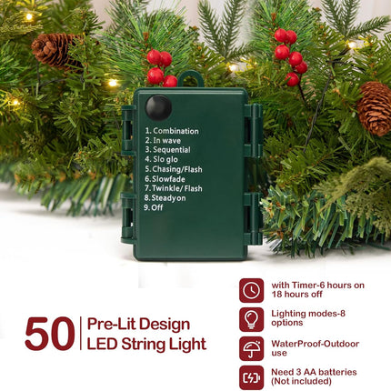 9FT Pre-Lit Artificial Christmas Garland with 50 LED Lights and Realistic Nordic Spruce and Scotch Pine Berries Pine Cones Xmas Garland for Mantle Stair Railing Indoor Outdoor