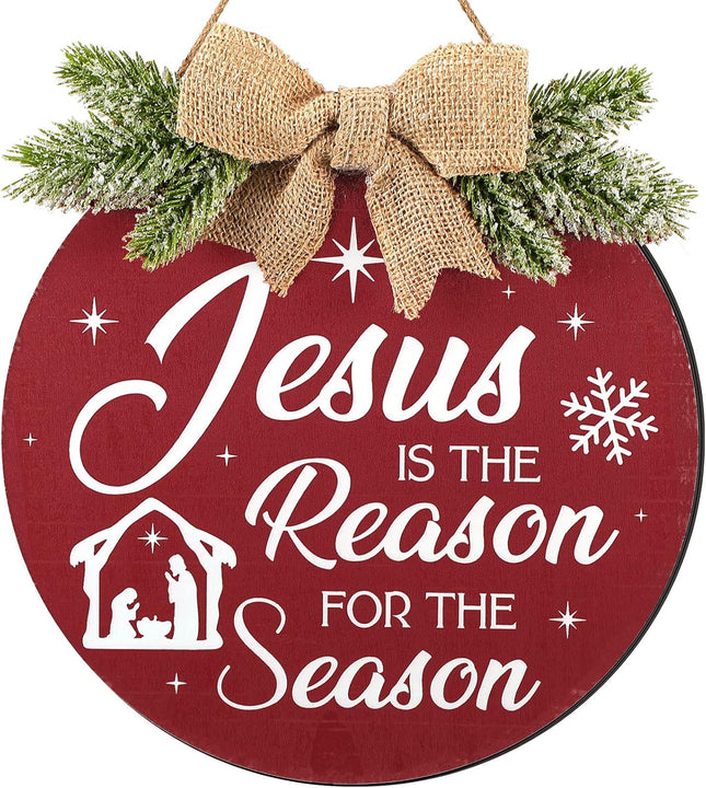 Christmas Wreath Wall Sign Front Door Decor Nativity Jesus is The Reason for The Season Wood Sign Round Wooden Hanging Decoration for Christmas Holiday Door Wall Indoor Outdoor, 12 Inch (Snowflake)