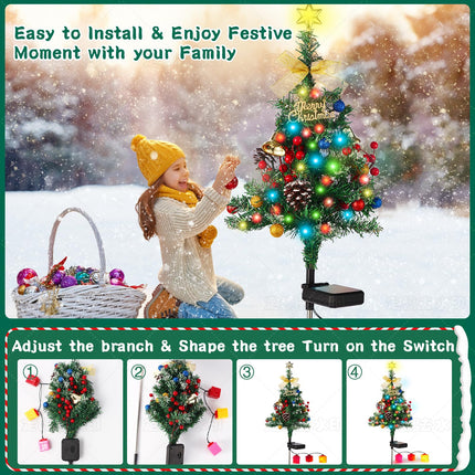 Solar Christmas Tree Decorations Outdoor Lights 2 Packs with 60 LED 50 Xmas Ornaments 6 Lighted Boxes 8 Modes 34Inch Mini Prelit Christmas Tree for Porch Pathway Yard Garden Grave Cemetery