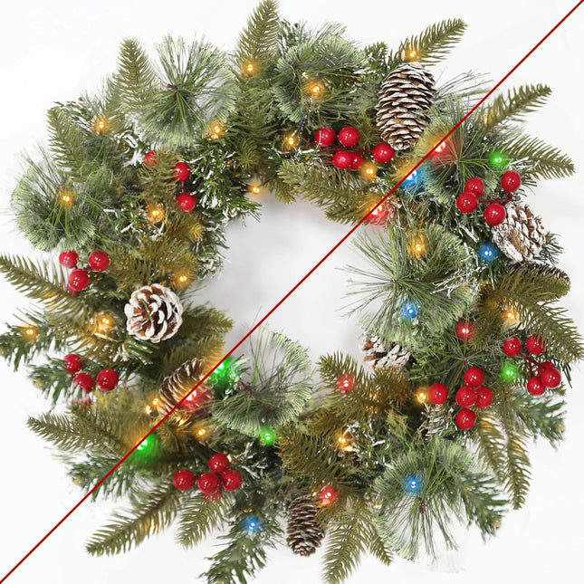 Pre-Lit Artificial Christmas Wreath for Front Door with Timer 8 Modes 30 Warm White & Multicolored Lights, 16'' Lighted Christmas Door Wreath Snowy Pine Cones Red Berried for Wall Home Indoor Outdoor