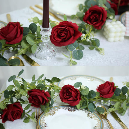 6.56FT Artificial Eucalyptus Garland with 12 Burgundy Roses Faux Greenery Garland Rose Vine for Halloween Christmas Wedding Backdrop Table Runner DIY Wreath Wall Decor