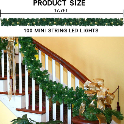 MorTime 17.7 FT LED Christmas Garland, Pre-Lit Artificial Garland for Indoor Outdoor Christmas Decorations Multi-Function Green Christmas Garland with 100 Warm White LED Lights