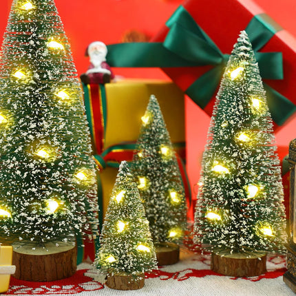 Small Christmas Tree with Lights, 4 Pcs Table Top Mini Christmas Tree with Wooden Bases, LED String Light Small Bottle Brush Pine Tree Decor for Xmas Holiday Party Home Indoor Christmas Decoration