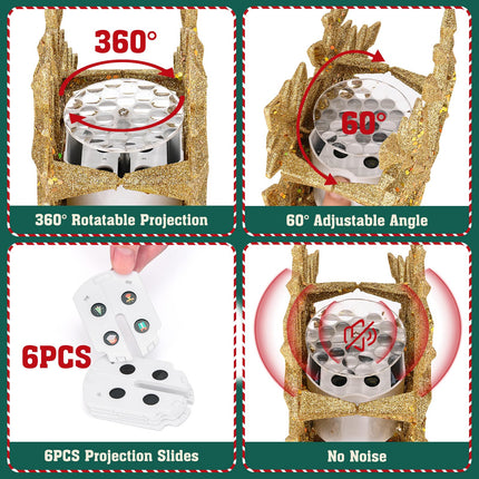 Christmas Tree Topper Lighted with 6 Projection Slides, PliMook Snowflake Christmas Tree Topper LED Rotating 3D Lighted Tree Toppers Glitter Tree Topper Projector for Christmas Tree(Gold)