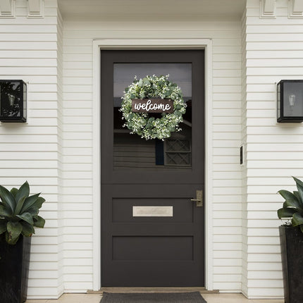 Sggvecsy 16in Artificial Eucalyptus Wreath with Welcome Sign Green Eucalyptus Leaf Wreath Greenery Wreath Round Leaves Wreath for Front Door Wall Window Festival Farmhouse Porch Patio Garden Decor