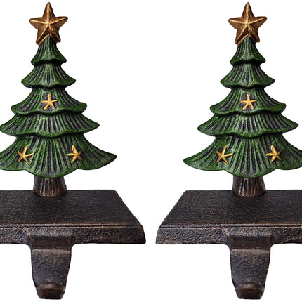 Lulu Decor, Cast Iron Decorative Christmas Tree Stocking Holder, Solid, Beautiful, Set of 2, Perfect for, Stocking Hanger (2 Trees with Stars).