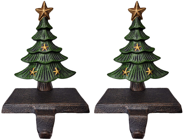 Lulu Decor, Cast Iron Decorative Christmas Tree Stocking Holder, Solid, Beautiful, Set of 2, Perfect for, Stocking Hanger (2 Trees with Stars).