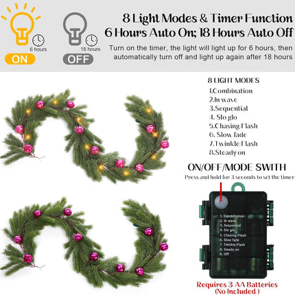 Ceenna 6.2FT Pre Lit Christmas Cedar Garland with Lights Artificial Pine Garland Christmas Decorations with Ball Ornaments,8 Modes Timer Battery Operated for Outdoor Indoor(Rose Red)