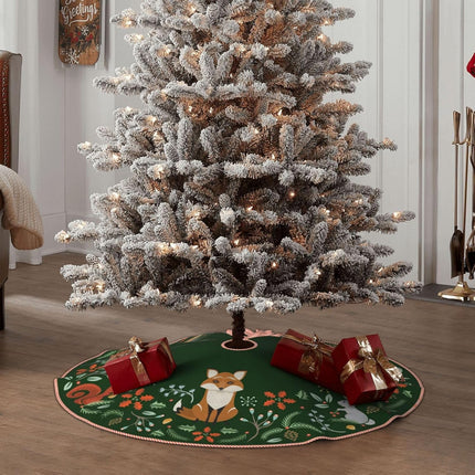Woodland Wreath Holly Green Christmas Tree Skirt, Linen Xmas Tree Skirts Mat for Holiday Party Decorations Supplies Rustic Mini Tree Skirt - 36 Inches