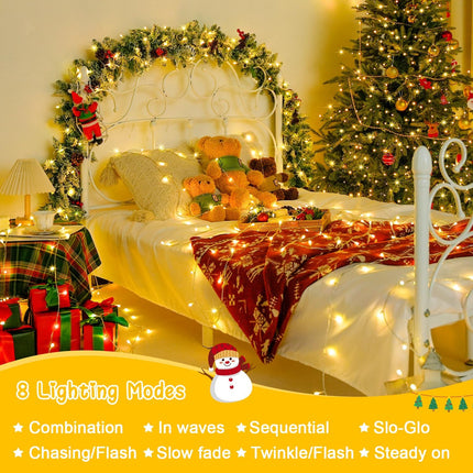JMEXSUSS 2 Pack 100 LED Warm White Christmas Lights Outdoor, 33ft Connectable Christmas Tree Lights Plug in, 8 Modes Clear Wire Christmas String Lights for Christmas Tree Indoor Xmas Party Decorations