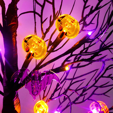 2 Pack 24 Inch Black Halloween Tree Lights, 24 LED Light Up Spooky Tree with Orange & Purple Pumpkin Bat Lights Battery Operated Tabletop Halloween Tree with Timer for Halloween Decorations