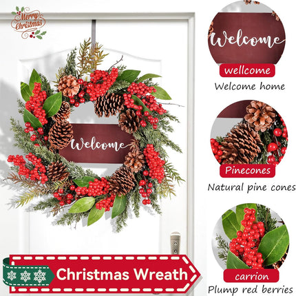 24 Inch Christmas Wreath for Front Door, Artificial with Welcome Sign, Pine Needles, Pine Cones, Red Berries Winter Xmas Wreath for Window Wall Fireplace Farmhouse Holiday Party Decoration