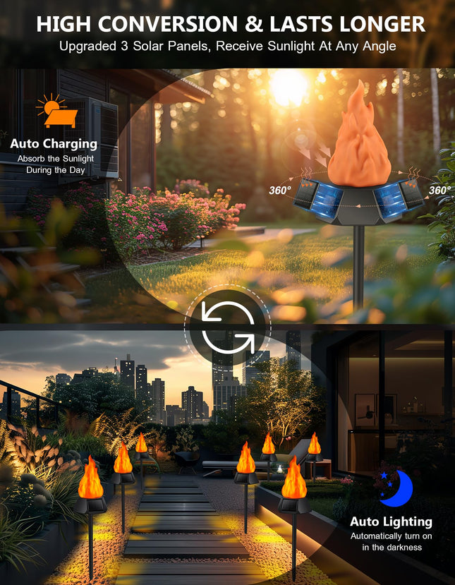 Solar Christmas Lights Outdoor with 3 Solar Panels, d Solar Torch Lights with Flickering Flame（More Real） IP65 Waterproof Christmas Decorations (8 Pack)