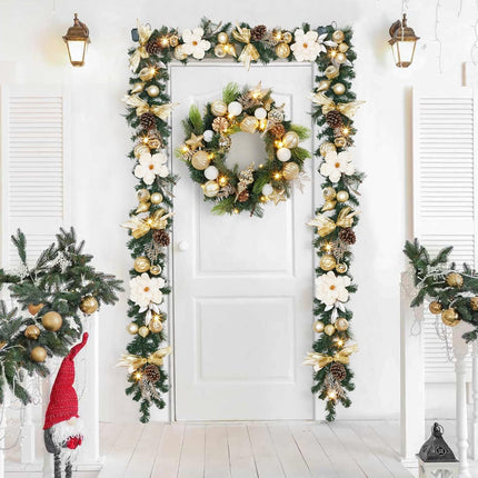 GAOMON Christmas Wreath for Front Door, 24 Inch Outdoor Christmas Wreath, Battery Operated Xmas Wreath with Gold White Ball Ornaments Pine Cones and 20 LED Lights for Home Holiday Decor