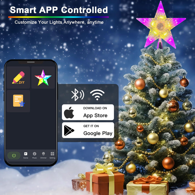 Smart Christmas Tree Topper Star w/Remote & APP, 7.6" DIY Color Changing RGB LED Lighted Tree Top Star, Music Sync, Schedule, Holiday Themes, Multicolor Treetop Light for Xmas Trees s Decorations