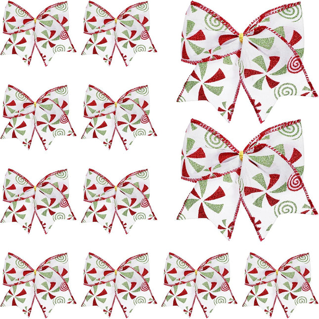12 Pcs Red Green Christmas Bows, 5.9“ Christmas Tree Candy Wreaths Bows, Xmas Elf Tree Dot Bows Peppermint Garland Ribbon Ornaments Santa Decorations for Home Party Crafts Wrap(White)