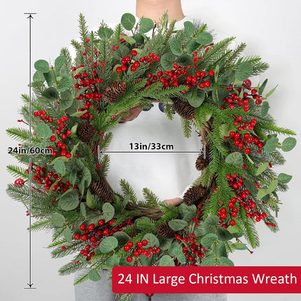 Dremisland 24 Inch Artificial Christmas Wreath for Front Door Xmas Red Berry Wreath with Pine Needles Cones Winter Eucalyptus Wreath Christmas Decorations for Wall Window Home Holiday Xmas Decor