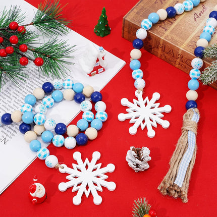 Whaline 2Pcs Winter Wood Beads Garland with Snowflake Pendants Blue White Buffalo Plaids Rustic Farmhouse Xmas Hanging Ornament Snow Flake Beads for Winter Tiered Tray Fireplace Home Decor