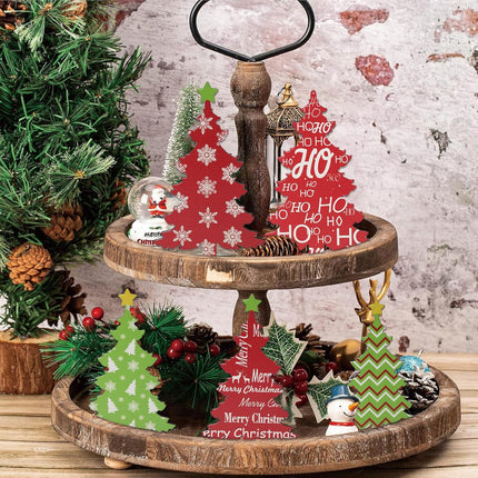 10 Pack Wooden Christmas Tree Tabletop Decorations, 7 Inch 6 Inch Red and Green Plaid Xmas Tree Table Centerpieces Farmhouse Rustic Christmas Decor for Home Shelf Tiered Tray Decor