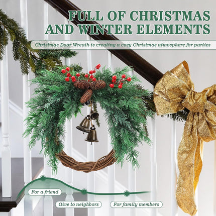 Christmas Wreath with Boho Bells - 20 Inch Farmhouse Christmas Artificial Pine Wreaths for Front Door - Winter Rattan Door Wreath with Pine Cone for Christmas Decor