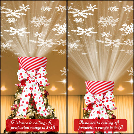 Christmas Tree Topper Hat Lighted with Snowflake Projector, White Bow with Red and Green Extended Ribbon Top Hat for Xmas Tree Decoration Festive Ideas Supplies