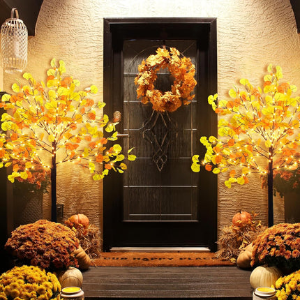4 FT Prelit Fall Lighted Ginkgo Tree with 140 LEDs Timer Fall Tree with Lights & 8 Flashing Modes Autumn Decoration for Home Wedding Indoor Outdoor Thanksgiving Halloween Christmas Decor