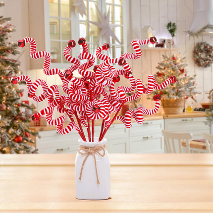 Sggvecsy 6 Pcs Christmas Tree Decoration Candy Cane Woolen Bells Candy Shape Christmas Tree Picks Christmas Bell Curly Picks Ornaments Xmas Tree Topper for Vase Filler Office Home Decor (Red)