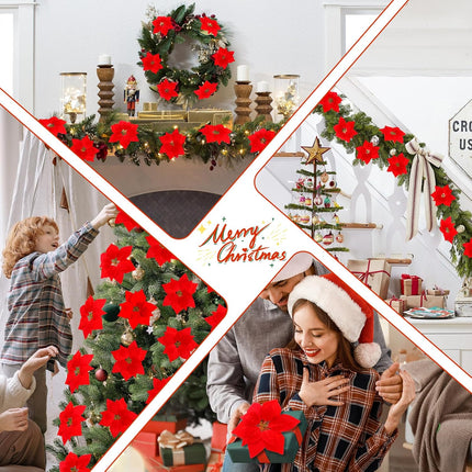 Luyue 12 PCS Real Touch Poinsettia Flowers Artificial Poinsettia Christmas Decorations Red Poinsettia Picks Fake Christmas Flower with Stems and Clips Xmas Floral for Christmas Tree Wreath Home Decor