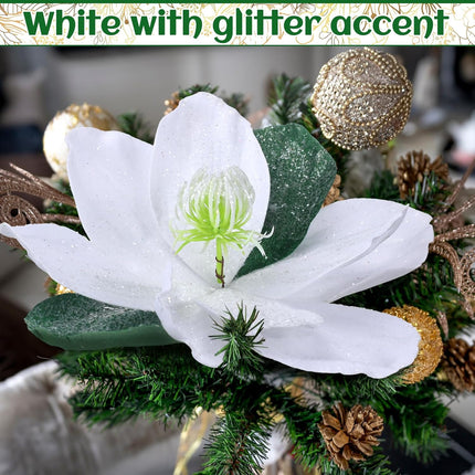6 Pcs Christmas Magnolia Artificial Flowers 9 inch Christmas Tree Wreaths Garland DIY Ornaments Large Decorative Faux Magnolia Floral Picks with Clip for Xmas Holiday Party Party Decor