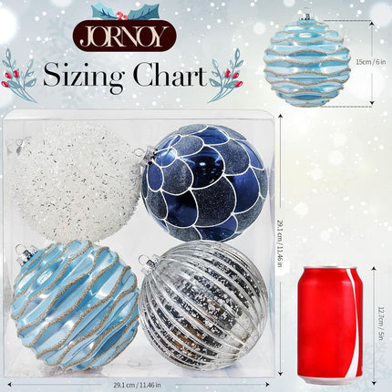 4Pcs Shatterproof Plastic Christmas Ornaments 6 Inch Extra Large Xmas Tree Ornaments Set with Lanyard for X-mas Party Wreath and Garlands Decorations, Silver & Blue