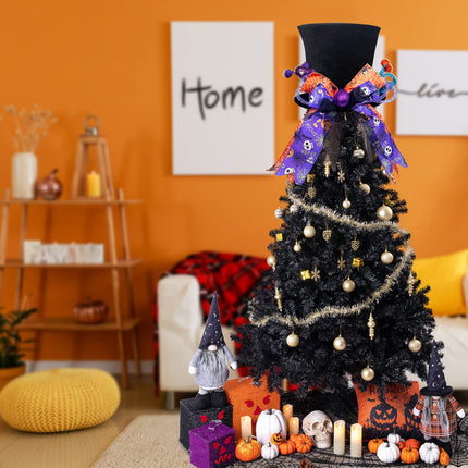 Lordaeron Christmas Halloween Tree Topper Hat,Large Black Velvet Hat with Purple and Orange Bow Seasonal Holiday Decorations Tabletop Ornaments for Home