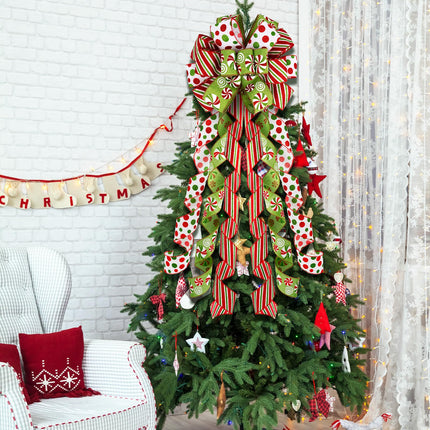 Grinchy Christmas Tree Topper Bow - 45'' x 13'' Large Glitter Polka Dot Wreath Bow with Peppermint Pattern Edge - Christmas Tree and Wreath Decor, Christmas Wired Ribbon Bow Decorations