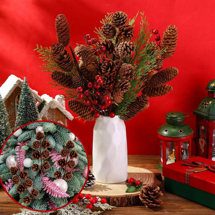 48PCS Christmas Berries Pine Picks Bulk Artificial Berry Stems Frosted Pine Branches Xmas Tree Picks Pinecones Vase Bouquets Wreath DIY Craft(Classic)