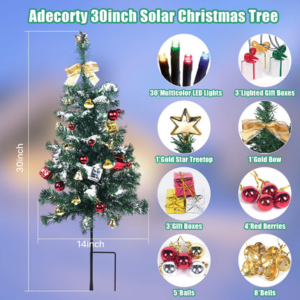Solar Christmas Tree Decorations Outdoor Lights 2 Pack with 60 LED 44 Xmas Ornaments 6 Lighted Boxes 8 Modes 30Inch Mini Prelit Christmas Tree for Porch Pathway Yard Grave Cemetery Decor