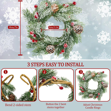 8pcs Christmas Candle Rings Wreaths, 3.1" Artificial Red Berries Candle Rings with Snowy Pine Needles Cones Mini Wreaths for Christmas Table Centerpiece Pillar Cabinets Decorations