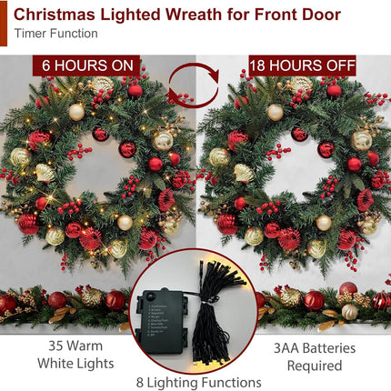 Christmas Lighted Wreath for Front Door, 28 Inches Pre-Lit 35 LED Lights, Red and Golden Artificial Holiday Wreath with Berries for Indoor Outdoor Home Decorations