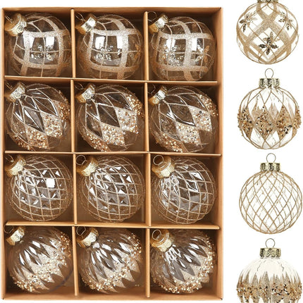 12 PCS Champagne Christmas Ornaments, 80mm/3.15 Inches Clear Christmas Decorations Large Shatterproof Luxury Hand-Painted Xmas Ball Ornaments for Christmas Tree Rustic Farmhouse Wedding Home Decor