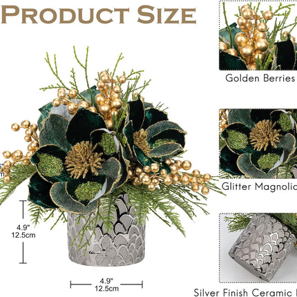 12 inch Green Christmas Table Centerpiece 5" Glitter Magnolia Flower and Golden Berries Fir Greenery Artificial Christmas Floral Centerpiece in Ceramic Pot Christmas Tabletop Arrangement Decor