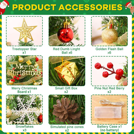 Mini Christmas Tree 2FT Green Artificial Small Christmas Tree with Small Warm Light and Hanging Ornaments Desktop Xmas Tree for Chrismtas DIY s Supplies Office Home Party Decorations