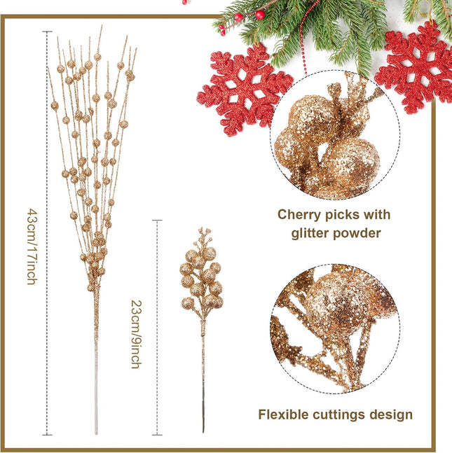 63 Pcs Christmas Floral Picks Artificial Glitter Berry Stem Ornaments Decorative Glitter Sticks for Xmas Tree Ornaments DIY Wreath Crafts Holiday Wedding Home Decor, 17 Inch, 9 Inch (Champagne Gold)