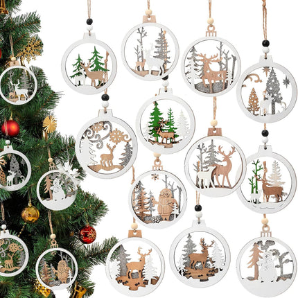 Coume 24 Pcs Christmas Wooden Ornaments Christmas Tree Ornaments Hollow Winter Ornaments Wood Craved Hanging Craft Decorations Farmhouse Rustic 3D Glitter Reindeer Santa Snowman, 12 Designs
