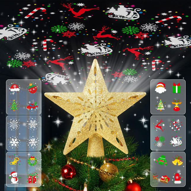 Christmas Tree Topper Lighted with 6 Projection Modes, Christmas Star Tree Topper Built-in Rotating Magic Cool Dynamic Projection, Gold 3D Glitter Tree Topper for Christmas Party Decorations
