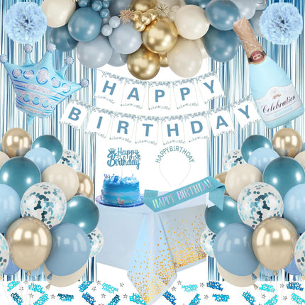 Blue Birthday Decorations, Blue Party Decorations with Happy Birthday Banner Dusty Blue Sand White Gold Balloons Tablecloth Curtain Sash Tiara for Women Girls Princess Light Blue Birthday Decorations