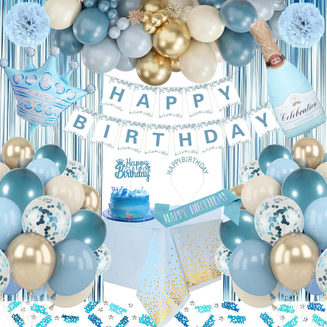 Blue Birthday Decorations, Blue Party Decorations with Happy Birthday Banner Dusty Blue Sand White Gold Balloons Tablecloth Curtain Sash Tiara for Women Girls Princess Light Blue Birthday Decorations