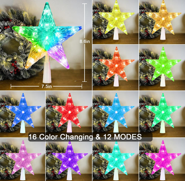 Christmas Star Tree Topper 7.5" 11 LED RGB Color Changing USB Powered Plug in 5-Point Star 3D Xmas Solid/Flash Treetop w/Remote Control & Timer for Christmas Year Holiday Tree Decoration