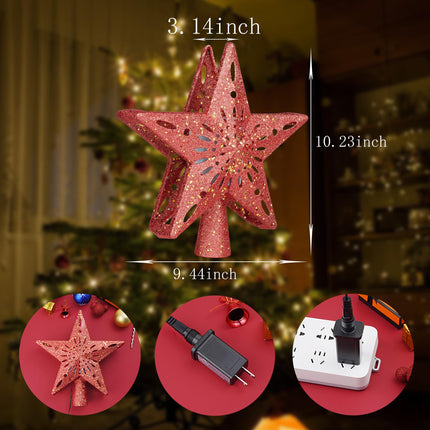 Christmas Star Tree Topper - Lighted with 6 Projection Modes Built-in Festive LED Rotating Lights Holiday Xmas Party Decoration for Christmas Trees（Red）
