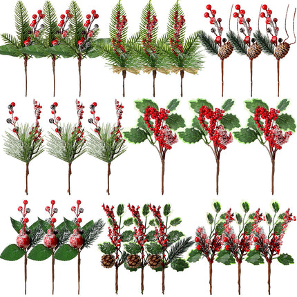 WILLBOND Artificial Christmas Tree Picks Red Berry Pine Picks Spray Berry Branches Holly Pine Flower Pick Berry Pinecones for Christmas Crafts Party Festive Home Decor(Stylish Style, 24 Pcs)