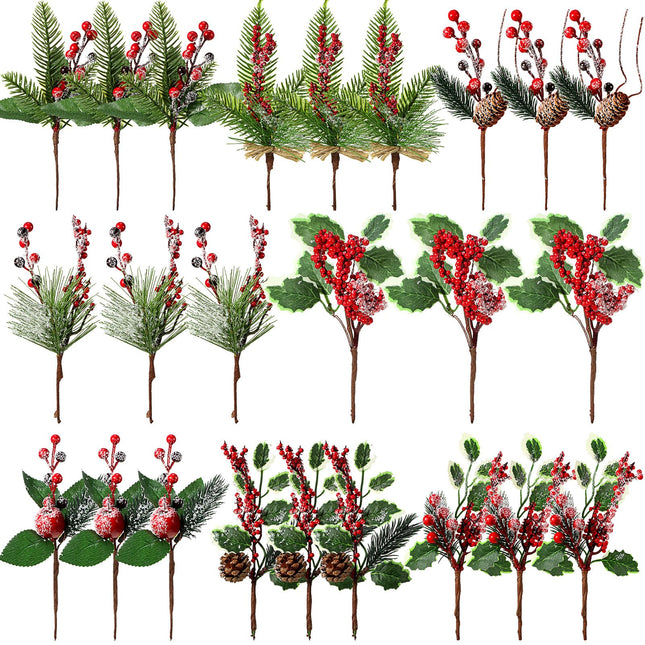 WILLBOND Artificial Christmas Tree Picks Red Berry Pine Picks Spray Berry Branches Holly Pine Flower Pick Berry Pinecones for Christmas Crafts Party Festive Home Decor(Stylish Style, 24 Pcs)