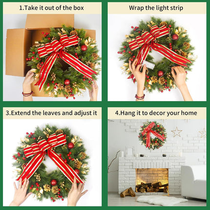 Christmas Wreath with Lights，20''Bowknot Christmas Wreaths for Front Door, Shiny Ball Reindeer Leave for Christmas Year Home Décor