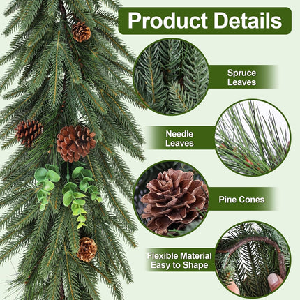 6ft Artificial Christmas Spruce Garland with Pine Cones, Lifelike Winter Greenery Needles Garland Decor for Home, Fireplace, Wall, Porch, Table, Mantle, Indoor Outdoor Decoration
